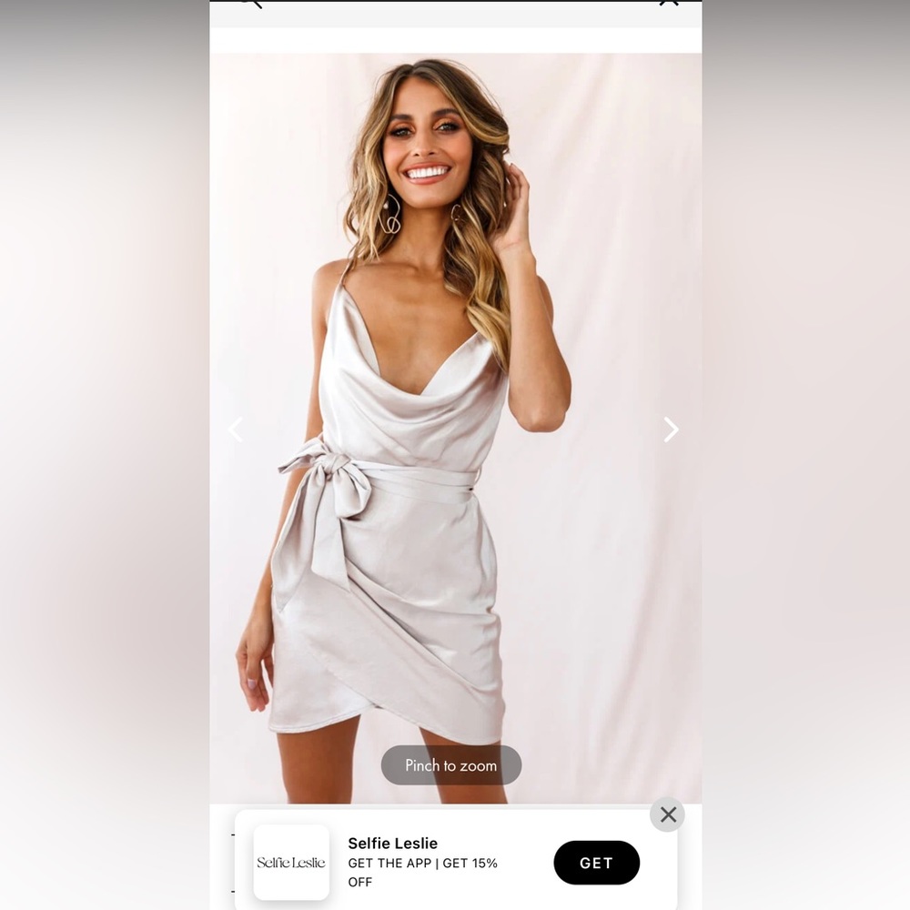 Selfie Leslie BEBE SATIN COWL NECK WRAP DRESS CHAMPAGNE -